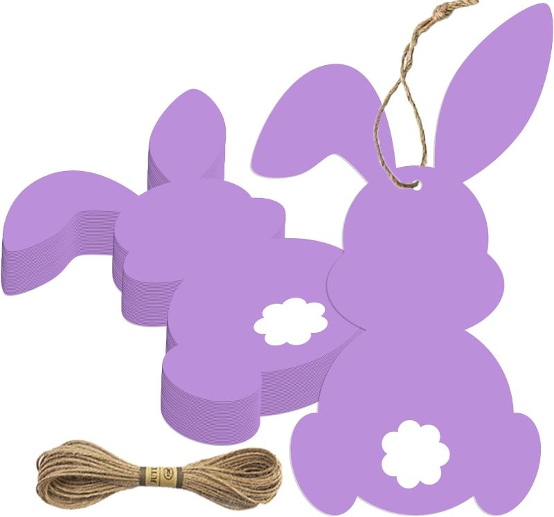 Photo 1 of 50Pcs Easter Bunny Tags Happy Easter Paper Hanging Tag with Strings Decorations purple Rabbit Shape Hanging Labels for Spring Home DIY Gift Holiday Party Favor Decor