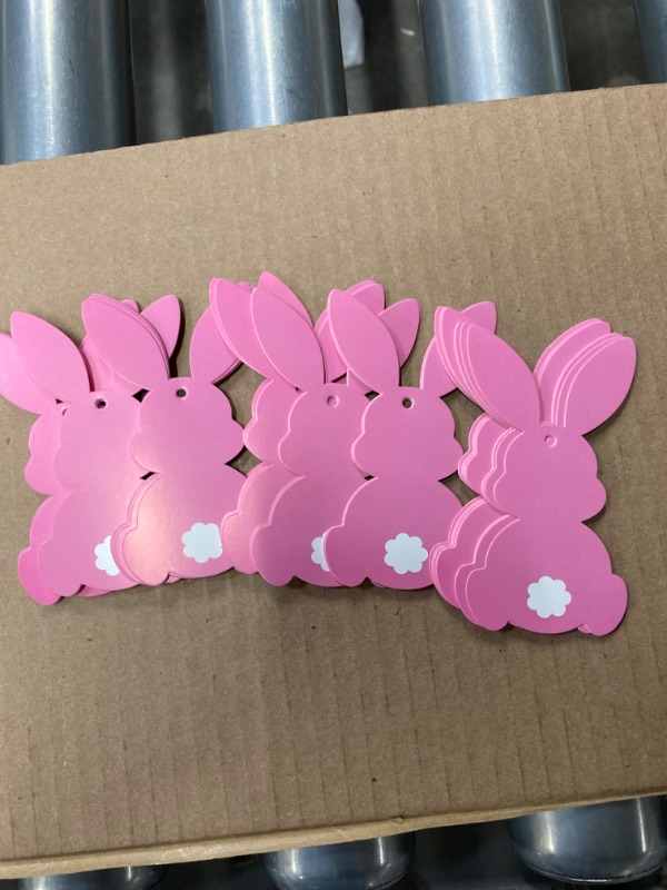 Photo 2 of 50Pcs Easter Bunny Tags Happy Easter Paper Hanging Tag with Strings Decorations Pink Rabbit Shape Hanging Labels for Spring Home DIY Gift Holiday Party Favor Decor