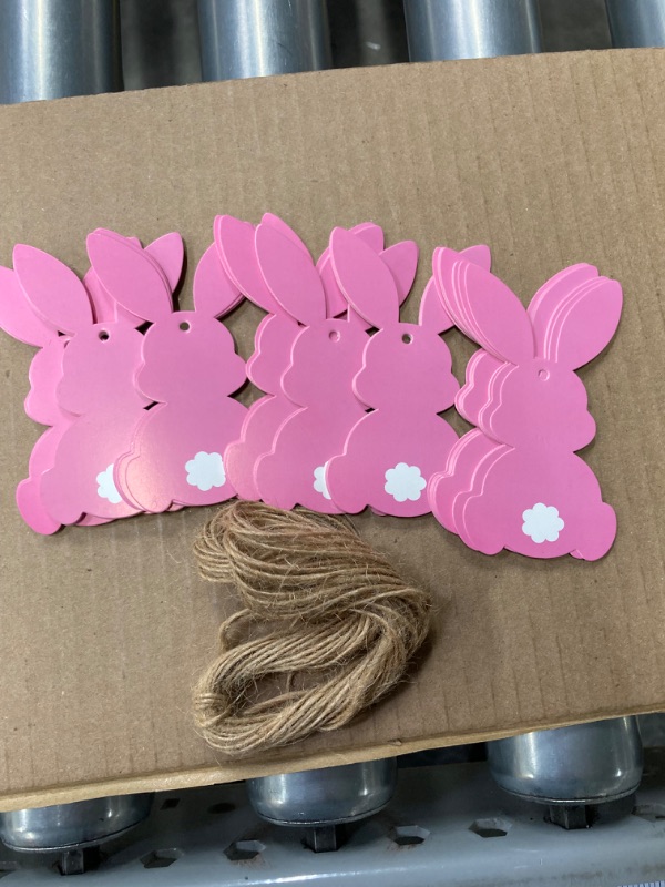 Photo 4 of 50Pcs Easter Bunny Tags Happy Easter Paper Hanging Tag with Strings Decorations Pink Rabbit Shape Hanging Labels for Spring Home DIY Gift Holiday Party Favor Decor