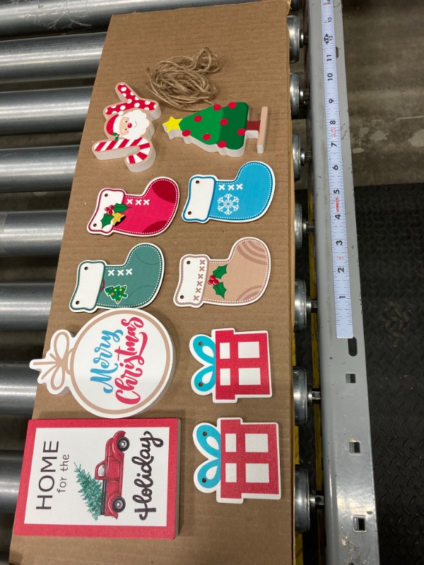 Photo 1 of 10 Pieces Christmas Tiered Tray Decor Winter Wooden Tabletop Signs Rustic Merry Christmas Wood Block Xmas Joy Red Truck Decor for Xmas Tree Farmhouse Home Party Decoration (Santa Claus)