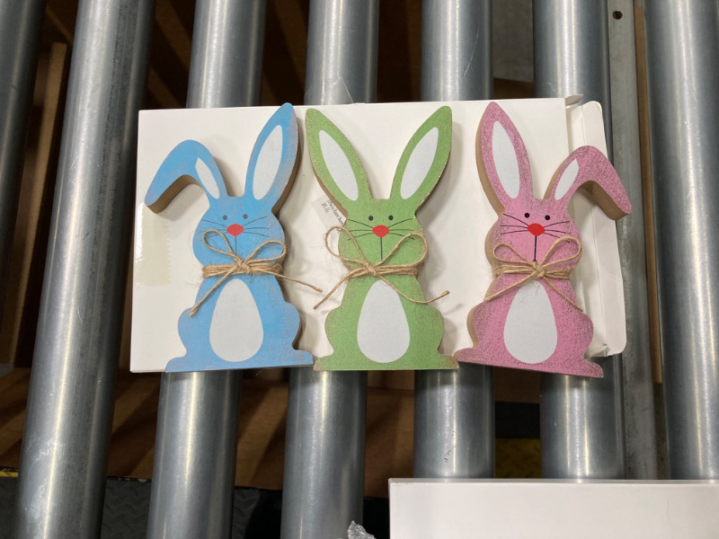 Photo 3 of 3 Pieces Easter Bunny Wooden Signs Easter Decorations Easter Farmhouse Rabbit Shaped Wooden Tabletop Centerpieces Freestanding Tabletop Decor for Spring Easter Home Office Gift