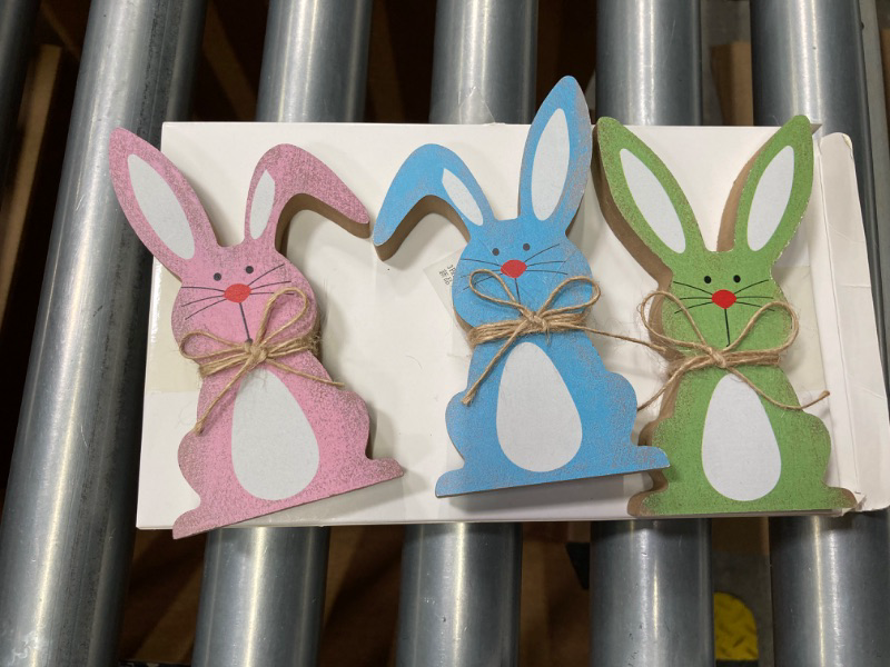 Photo 3 of 3 Pieces Easter Bunny Wooden Signs Easter Decorations Easter Farmhouse Rabbit Shaped Wooden Tabletop Centerpieces Freestanding Tabletop Decor for Spring Easter Home Office Gift