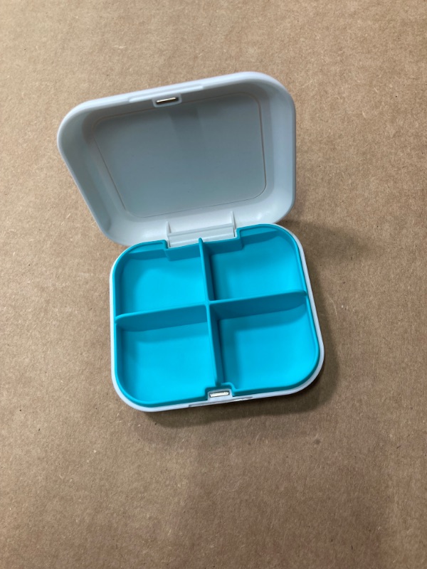 Photo 2 of Pill Box Portable Pill Dispensing Box, Travel Portable Pill Box, 4-Compartment Daily Portable Pill Organizer, Suitable for Vitamins, Medicines, Fish Oil (White+Cyan)