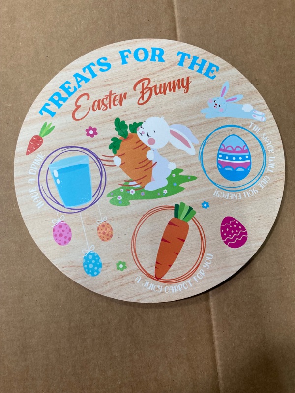 Photo 2 of 2 Pcs Easter Bunny Plate Easter Wooden Cookie Tray Easter Platters and Trays Carrots for The Easter Bunny Plate Wood Serving Tray for Easter Gifts Decoration(Round)