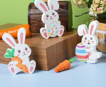 Photo 1 of 3 Pieces Wooden Easter Bunnies Decor Rabbit Shape Wood Signs Freestanding Bunny Tabletop Decoration for Spring Easter Home Table Centerpieces Party Room Office Tiered Tray Decor