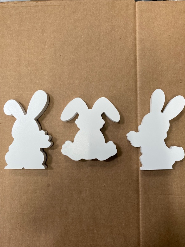 Photo 3 of 3 Pieces Wooden Easter Bunnies Decor Rabbit Shape Wood Signs Freestanding Bunny Tabletop Decoration for Spring Easter Home Table Centerpieces Party Room Office Tiered Tray Decor