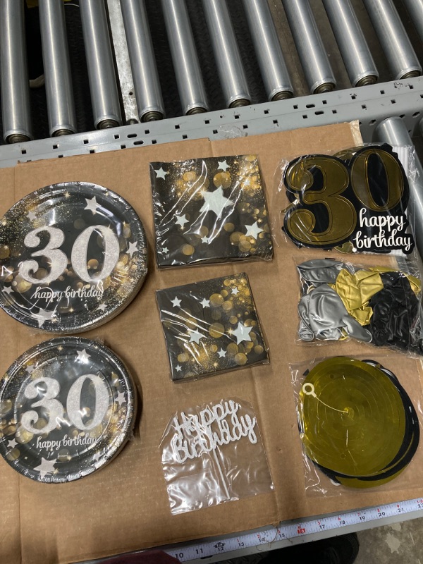 Photo 2 of Serves 30 | Ultimate 30th Party Pack | Happy 30th Birthday | 9" Dinner Paper Plates | 7" Dessert Paper Plates | 12 oz Cups | 3 Ply Lunch & Beverage Napkins | Swirls | Cake Topper | Numerical Candle