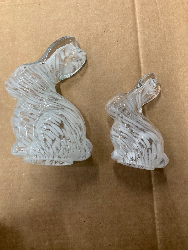 Photo 3 of DN DECONATION Glass Easter Bunny Figurines, Clear and Purple Rabbit Statues, Small Striped Blown Glass Bunny Sculpture for Table Top Home Decor Spring Holiday Decorations, 2Pcs Purple and Clear Set of 2