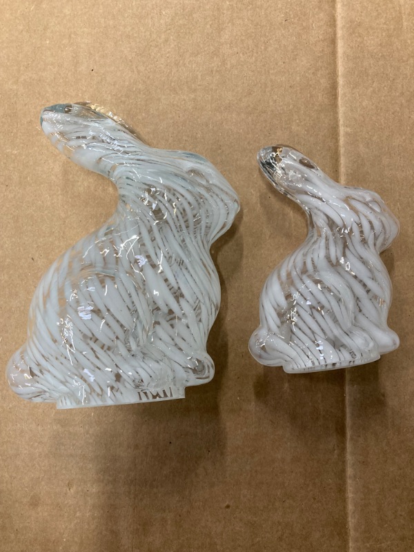 Photo 3 of DN DECONATION Glass Easter Bunny Figurines, Clear and Purple Rabbit Statues, Small Striped Blown Glass Bunny Sculpture for Table Top Home Decor Spring Holiday Decorations, 2Pcs Purple and Clear Set of 2