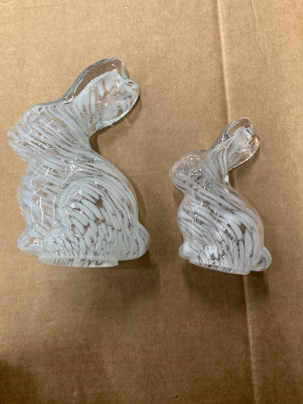 Photo 2 of DN DECONATION Glass Easter Bunny Figurines, Clear and Purple Rabbit Statues, Small Striped Blown Glass Bunny Sculpture for Table Top Home Decor Spring Holiday Decorations, 2Pcs Purple and Clear Set of 2