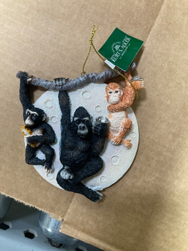 Photo 2 of Adler Gorilla, Monkeys, Apes Hanging on Branch Holding Acrylic-Diamonds or Chicken Strips in Hand Christmas Hanging Ornament, 4-Inch High, Resin Apes Hanging Branch