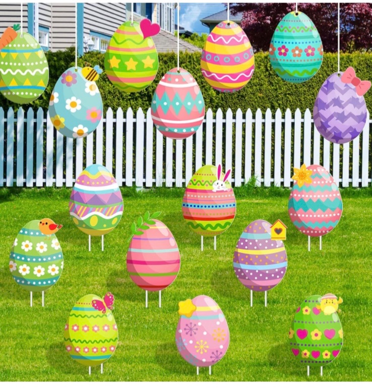 Photo 1 of 16Pcs Easter Eggs Yard Signs, Colorful Hanging Floral Stripes Eggs Ornament Outdoor Lawn Decoration Colorful Easter Egg Lawn Sign with Stakes Egg Cutout Cards for Birthday Party Banner Garland