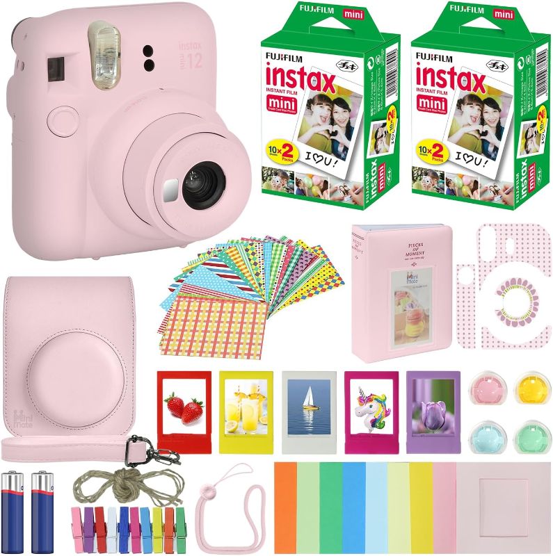 Photo 1 of Fujifilm Instax Mini 12 Instant Camera Blossom Pink Carrying Case + Fuji Instax Film Value Pack (40 Sheets) Accessories Bundle, Color Filters, Photo Album, Assorted Frames