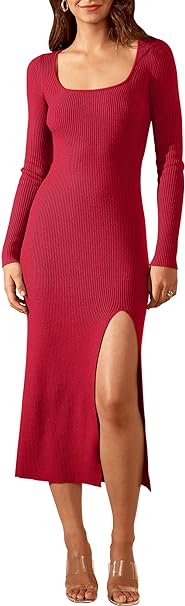 Photo 1 of GOKATOSAU Women's Long Sleeve Sweater Square Neck Slim Fit Ribbed Knit Split Midi Dress