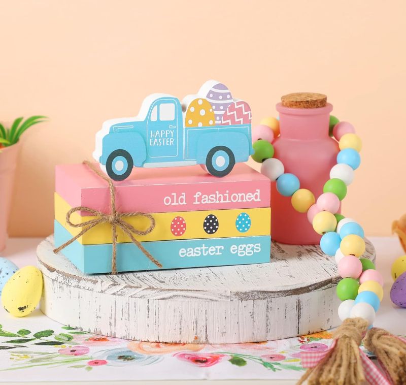 Photo 1 of Easter Tiered Tray Decor, Spring Easter Decor for Table, Wood Book Stack with Easter Truck and Bead Garland, Farmhouse Easter Mini Faux Decorative Books Bundle