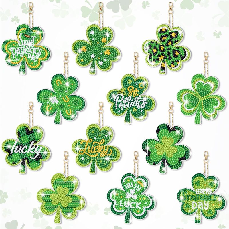 Photo 1 of 12 Pieces St. Patrick's Day Diamond Painting Keychains Shamrock Diamond Art Kits for Kids Beginner Diamond Painting Kits 5D DIY Diamond Art Keychains Key Rings Pendant Ornament for St. Patrick's Day