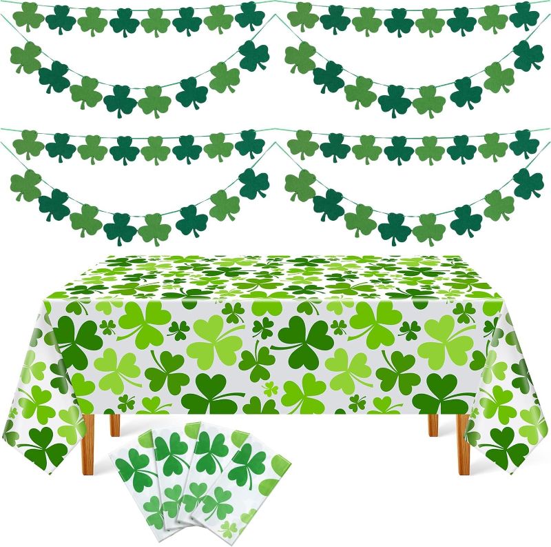 Photo 1 of 12 Pieces St. Patrick's Day Tablecloth and Felt Shamrock Garland Banner Set Rectangular Shamrock Table Cover 54x108 Inch Tablecloth St. Patrick's Day Decorations for Irish Party Supplies
