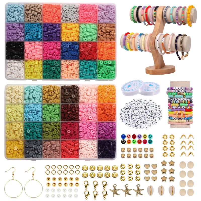 Photo 1 of *** BUNDLE 2 PACK *** Clay Beads 9070pcs 2 Boxes Bracelet Making Kit, 48 Colors Polymer Clay Beads with 300 Letter Beads for Bracelets Beads Kit, Jewelry Making kit with Gift Pack, Heishi Disc Beads Bracelet Kit