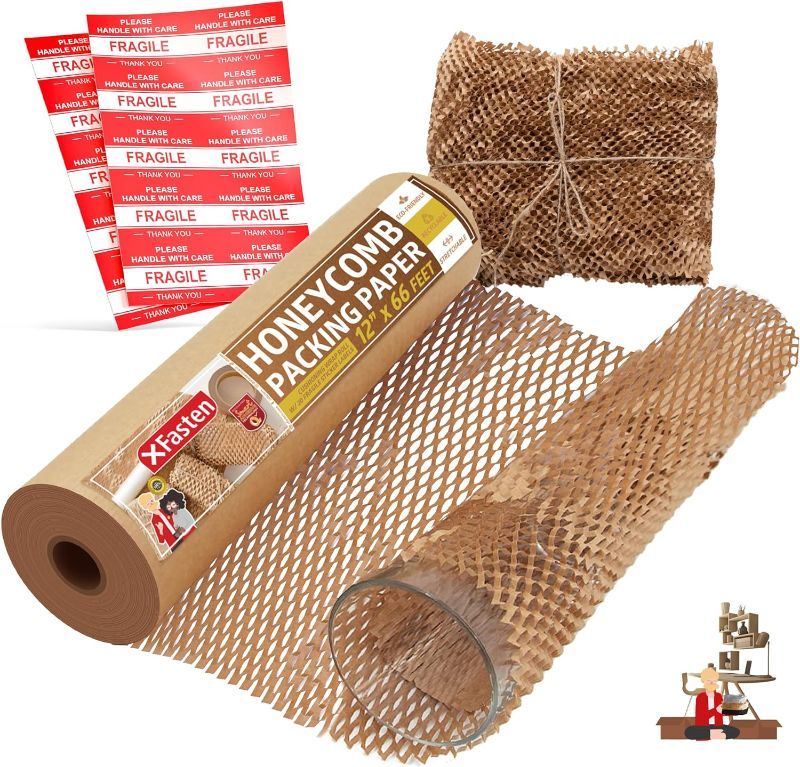 Photo 1 of *** BUNDLE 2 PACK *** XFasten Honeycomb Packing Paper 12" x 66' Reusable Cushion Kraft Packing Paper for Moving, Alternative Bubble Packing Wrap for Breakable Dishes Packing Supplies for Moving with 20 Fragile Stickers