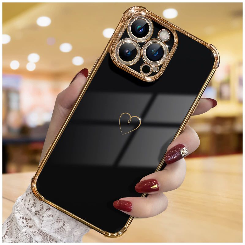 Photo 1 of *** BUNDLE 2 Pack*** for iPhone 14 Pro Case, Cute Love Heart Plating Luxury Phone Case for Women Girls, Full Camera Protection & Raised Corners Bumper Slim Shockproof Protective Phone Cover 6.1 Inch, Black iPhone 14 Pro Case A-Black