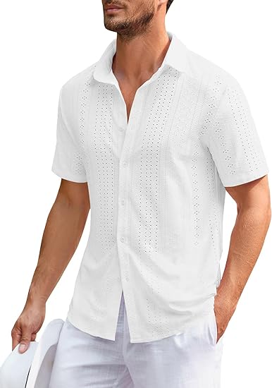 Photo 1 of Makkrom Mens Short Sleeve Guayabera Shirt Button Down Lapel Hollow Out Cuban Camp Beach Shirt Top
