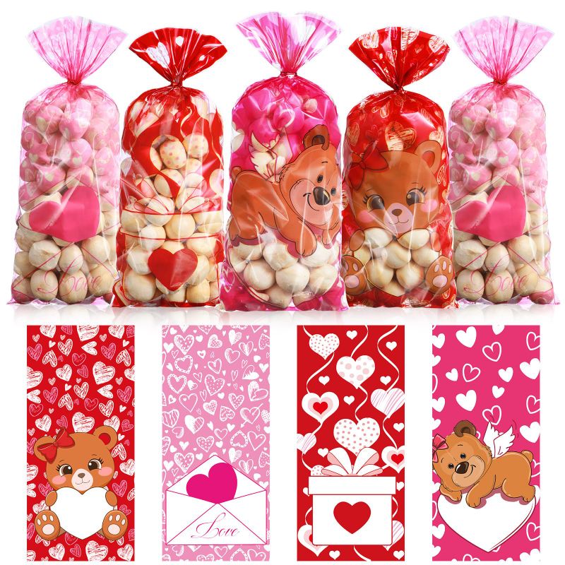 Photo 1 of ***BUNDLE 3 PACK (300 pcs total)*** Wedding Goodie Bags Wedding Cellophane Treat Bags with Twist Ties Wedding Plastic Gift Bags Red Pink Heart Sweet Bear Clear Candy Bag Wedding Party Favor Supplies(100 Pcs)