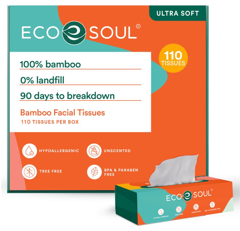 Photo 1 of *** BUNDLE 2 Pack (220ct total) *** ECO SOUL 100% Bamboo Premium Facial Tissue Box 110 Count | 1 Pack of 110 | Hypoallergenic, Eco-Friendly, 2 Ply Facial Paper Tissue,