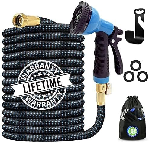 Photo 1 of &B XpandaHose 100ft Expandable Garden Hose with Holder - Heavy Duty Superior Strength 3750D - 4 -Layer Latex Core - Extra Strong Brass Connectors and 10 Spray Nozzle w/Storage Bag (Blue 100)