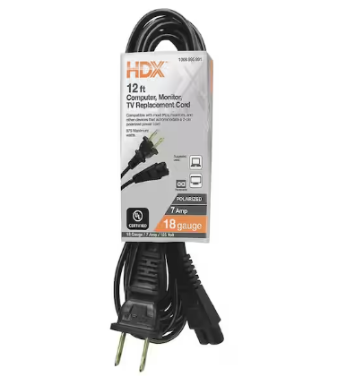 Photo 1 of HDX 12 Ft. 18/2 Light Duty Computer, Monitor, TV Replacement Cord, Black
