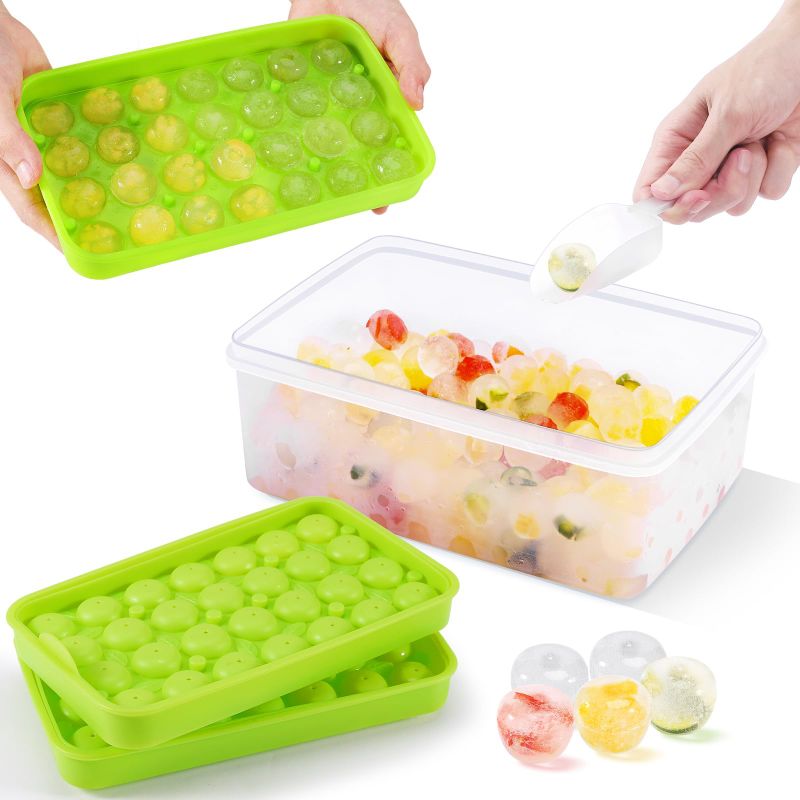 Photo 1 of ***BUNDLE 2 PACK*** Ice Cube Tray, Silicone Apple Ice Ball Trays Maker, Green Small Round Ice Mold for Cocktails, Juice, Whiskey, Freezer, Keep Drink Chille - Easy Release, LFGB and FDA(2 Ice Trays&1 Ice Box&1 Ice Scoop)