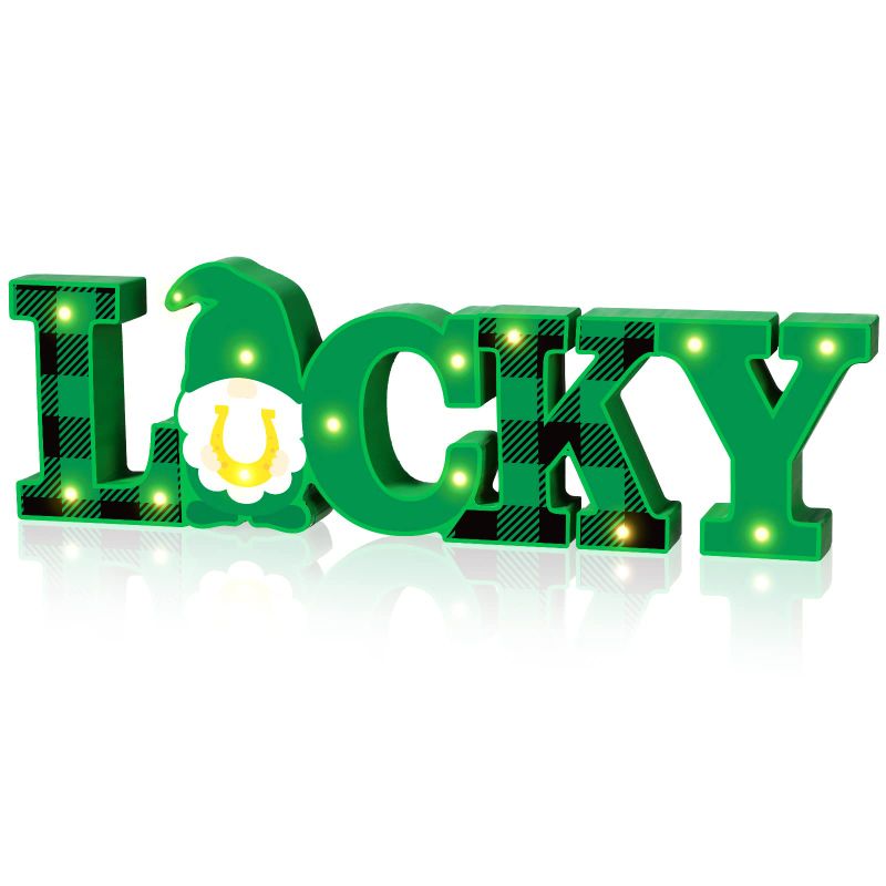 Photo 1 of ***BUNDLE 2 PACK*** St. Patrick's Day LED Wooden Table Sign Lucky Letter Wooden Table Sign Irish Shamrock Farmhouse Tabletop St Patrick's Day Tiered Tray Decor for Home Party Decoration