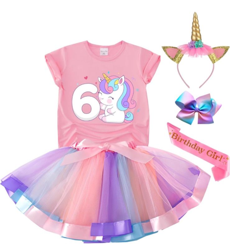 Photo 1 of Tutu and Sian Unicorn Birthday Outfit for Girls - Unicorn shirt, Tutu Skirt Dress, Birthday Girl Crown, Hair Bow & Satin Sash