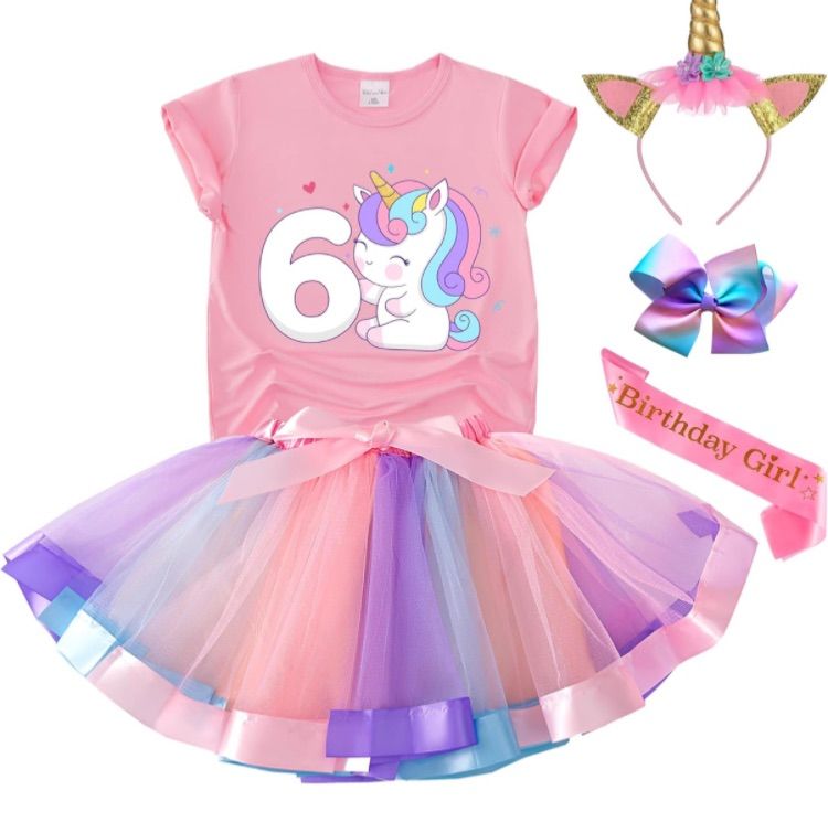 Photo 1 of Tutu and Sian Unicorn Birthday Outfit for Girls - Unicorn Shirt, Tutu Skirt Dress, Birthday Girl Crown, Hair Bow & Satin Sash  Size 6 Year