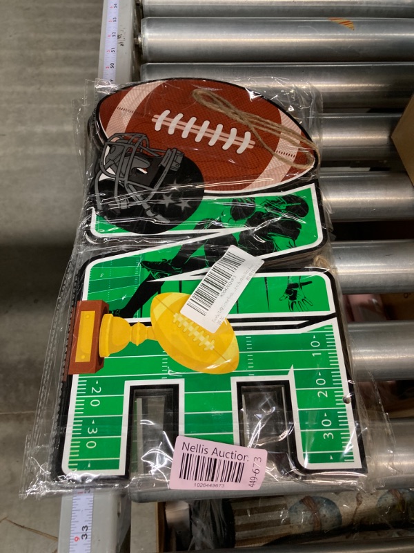 Photo 3 of *** BUNDLE 4 PACK*** Football ONE Wooden Sign, Football Party Decorations Boys First Birthday Hanging Sign Wall Decor Table Display Baby Chair Photo Booth Props for Sport Football Theme Boy 1st Birthday Party Supplies