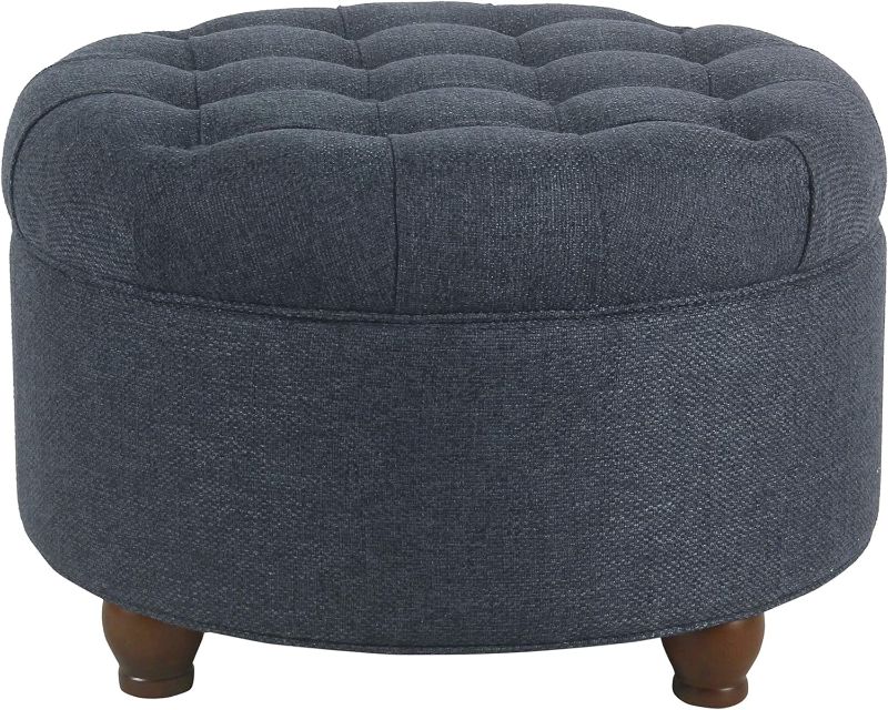 Photo 1 of *** SEE PHOTOS FOR COLOR*** Homepop Home Decor | Large Button Tufted Woven Round Storage Ottoman for Living Room & Bedroom (Navy Woven) 25 inch D x 25 inch W x 15 inch H
