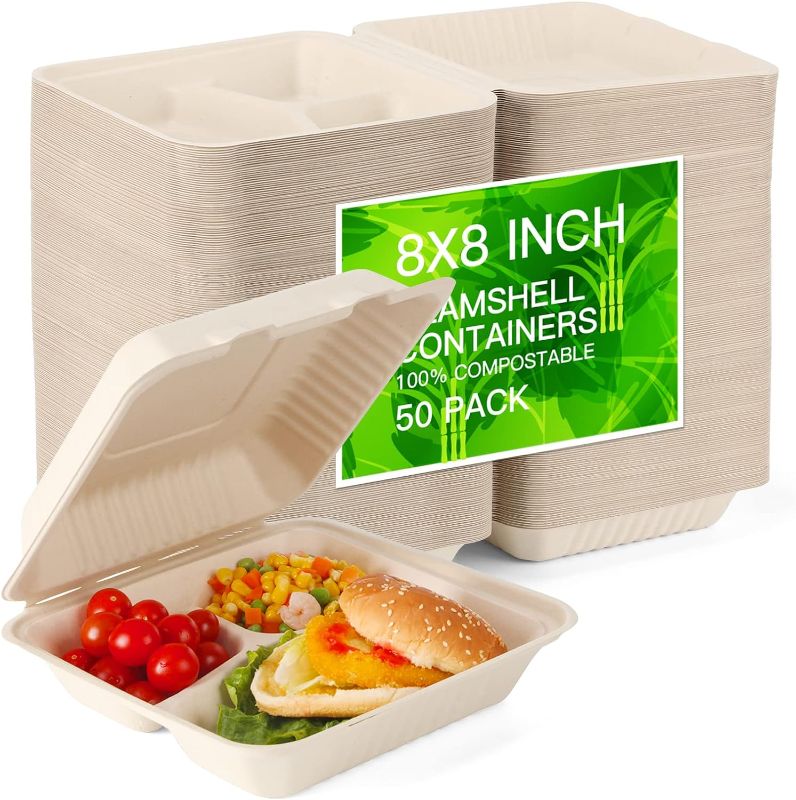 Photo 1 of  100% Home Compostable 200 Pack Disposable Clamshell Take Out Food Containers, 8X8'' 1-Compartment to go Containers, Heavy-Duty to go Boxes, Eco-Friendly Biodegradable, Made of Sugarcane Fibers 8X8'' 1-Compartment 200Pack