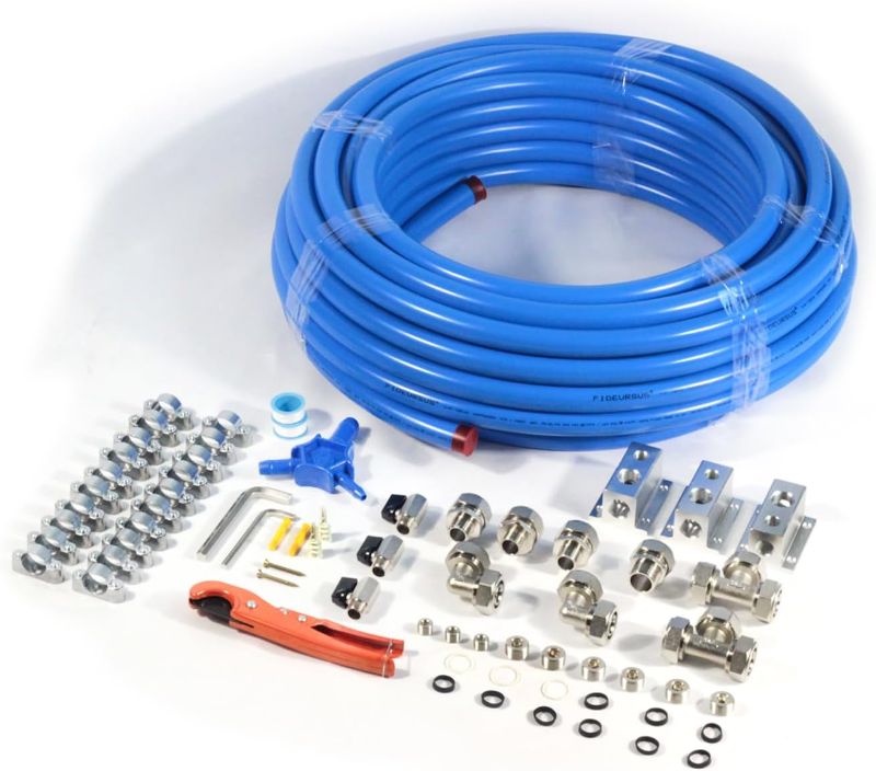 Photo 1 of FIDEURSUS Compressed Air Piping System with 3/4 Inch ID x 100 feet HDPE Tubing & Aluminum Outlet Blocks for Garage Connect Air Compressor Line Kit Accessories for Shop | 200 PSI | 50PCS |F9110S