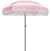 Photo 1 of AMMSUN 7ft Patio Umbrella with Fringe Outdoor Tassel Umbrella UPF50+ Wood Color Steel Pole and Steel Ribs Push Button Tilt (Riviera Pink Stripe)