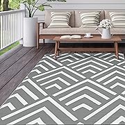 Photo 1 of  Outdoor Rug 9x12, Clearance Waterproof for Camping, Reversible Plastic Straw Mats, Rv, Porch, Deck, Camper, Balcony, Grey & White