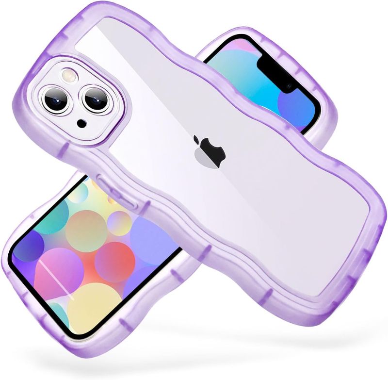 Photo 1 of Nucyky Compatible with iPhone 14 Plus Case Wave, Cute Curly Frame Design Slim Soft Silicone Shockproof Protective Phone Case Cover 6.7 inch, Clear/Purple  3PACK 
