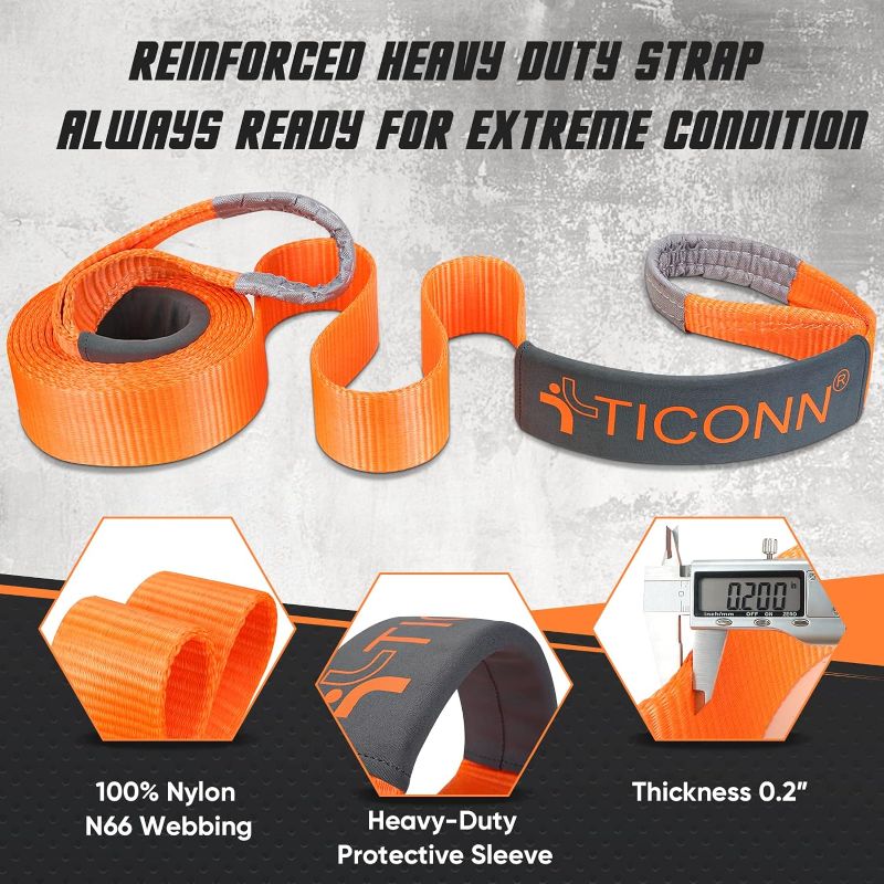 Photo 1 of ***ONLY STRAP*** TICONN 3''x20' Recovery Tow Strap, Break Strength 35,000 lbs Tested Tree Saver, Triple Reinforced Webbing and Loop Straps Kit, Winch Snatch Strap (20' Recovery Combo) https://a.co/d/chWtJaD