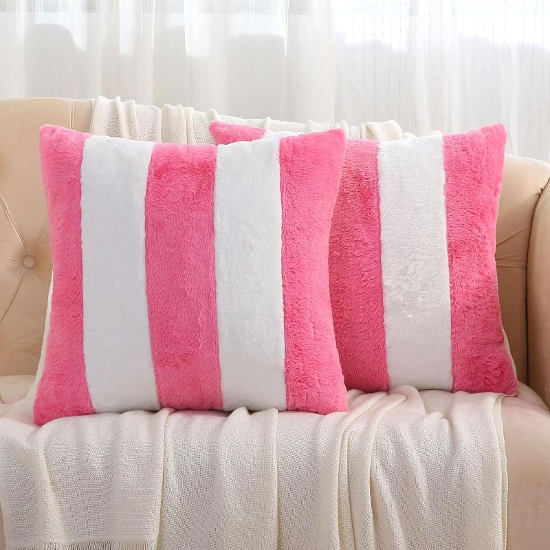 Photo 1 of Ikuoic Pink and White Striped Throw Pillow Covers 20x20 Inch Set of 2, Fall Decorations for Home, Decorative Pillow Cases, Furry Faux Rabbit Fur/Soft Velvet, Modern Decor for Couch
