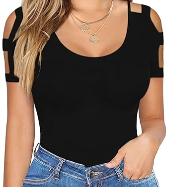 Photo 1 of HERLOLLYCHIPS Sexy Tops for Women Cold Shoulder Scoop Neck Short Sleeve Cut Out Tight Summer T-Shirts XXL