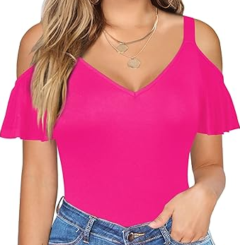 Photo 1 of HERLOLLYCHIPS Sexy Tops for Women Cold Shoulder Deep V Neck Short Sleeve Slim Fit Summer Casual Tees T-Shirts