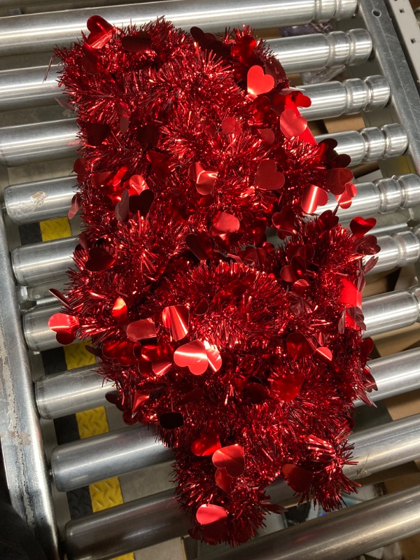 Photo 2 of 66 FT Valentine Heart Tinsel Garland 2 Strings Red Valentines Heart Tinsel Garland Twist Metallic Hanging Garland Valentine's Day Tree Indoor Outdoor Wedding Valentine Decorations