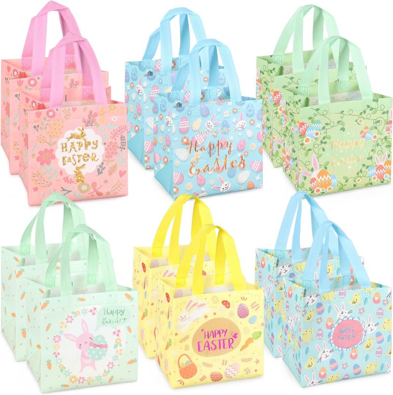 Photo 1 of 12PCS Easter Egg Hunt Bags, Assorted Sizes Happy Easter Bunny Carrot Chick Egg Gift Bags with Handles, Treat Bags, Multifunctional Non-Woven Easter Bags for Gifts Wrapping, Egg Hunt Game, Easter Party