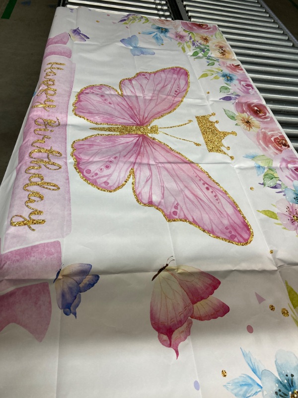 Photo 2 of Funnytree Happy Birthday Butterfly Party Backdrop Baby Girls Fairy Princess Purple Pink Rose Floral Gold Photography Backdrop Kids Sweet Cake Table Banner Decor Supplies