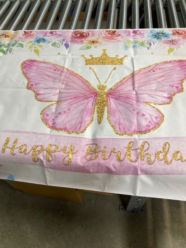 Photo 3 of Funnytree Happy Birthday Butterfly Party Backdrop Baby Girls Fairy Princess Purple Pink Rose Floral Gold Photography Backdrop Kids Sweet Cake Table Banner Decor Supplies