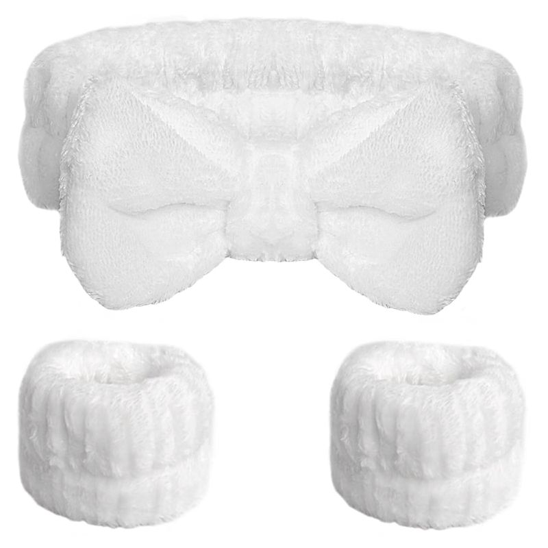 Photo 1 of Spa Headband and Wristband Set, Face Wash Headband, Makeup Skincare Headband Wrist Bands for Washing Face, White