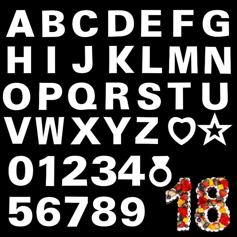 Photo 1 of 39pcs 14inch Alphabet Cake Stencils Letter Stencil A-Z 26Pcs,0-9 Number Cake Templates 10Pcs,Heart Shape Mold,Five-Pointed Star and Big Ring Template for Birthday Wedding Anniversary Party 14inch white